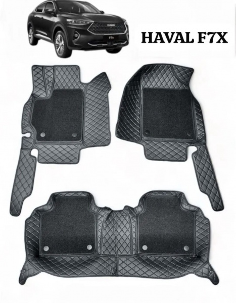 Комплект кожанных ковриков ПРЕМИУМ класса для HAVAL F7X, цвет черный, строчка черная + ВОРС ЧЕ