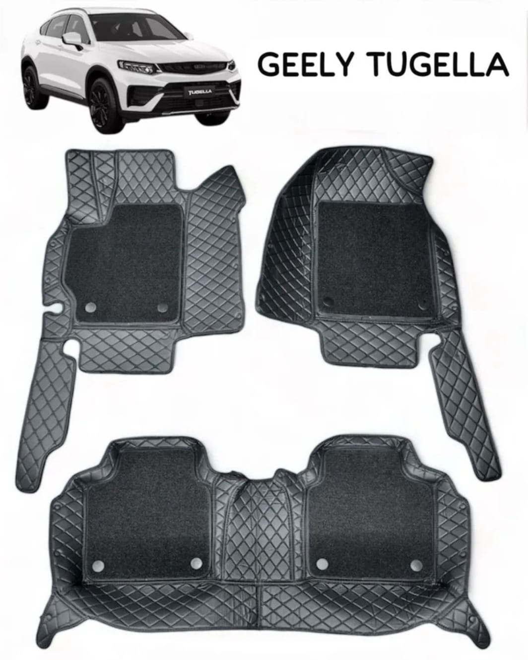 Комплект кожанных ковриков ПРЕМИУМ класса для GEELY TUGELLA, цвет черный, строчка черная + ВОРС ЧЕ